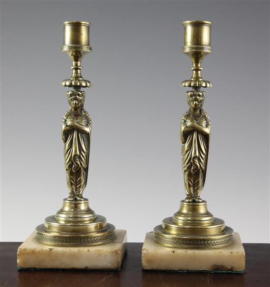 A pair of 19th century French brass candlesticks, 8.5in.